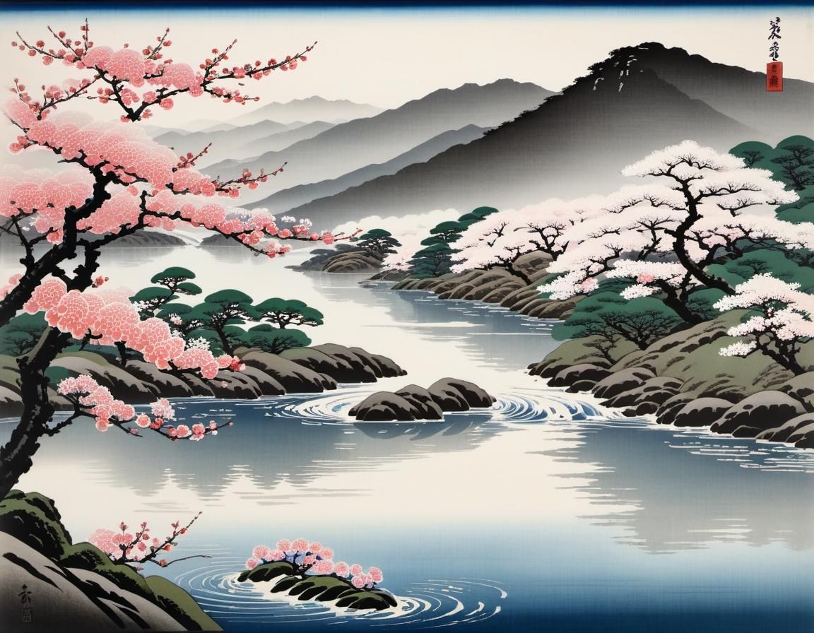 Blooming Sakura: A Shin-hanga Style Print