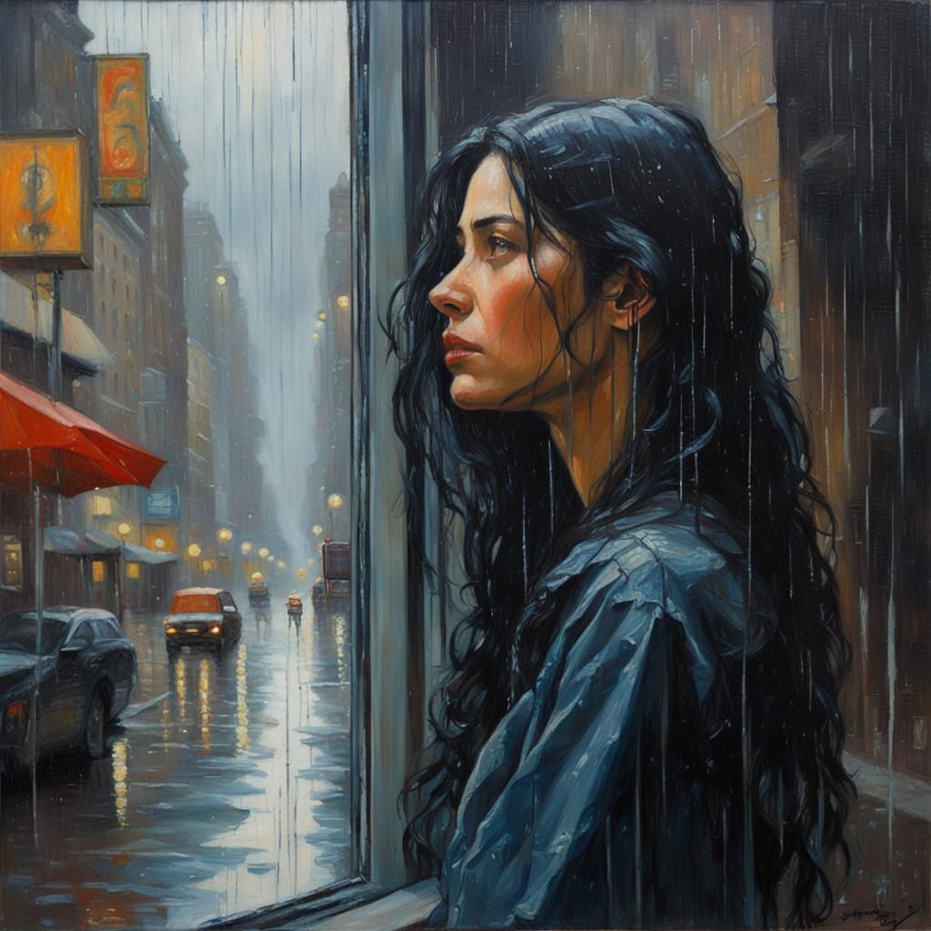Pensive Woman in Rainy City, Oil Painting