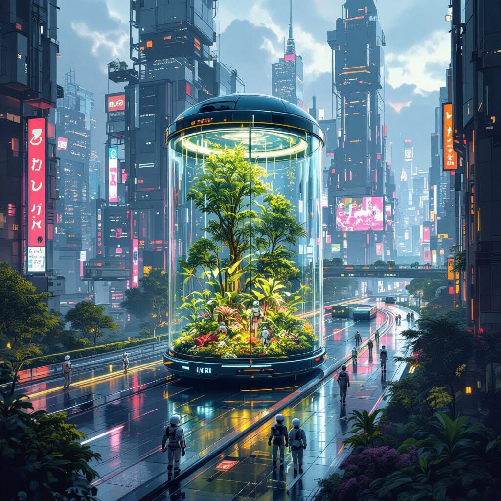 Futuristic City Road with Glass Eco-Sphere, Robots Tending N...