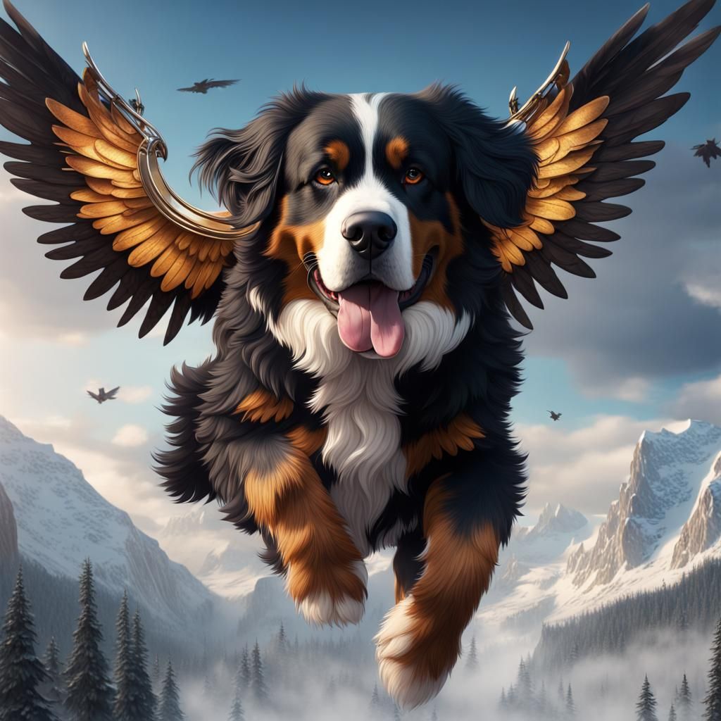 Winged Bernese Mountain Dog Fantasy Concept Art