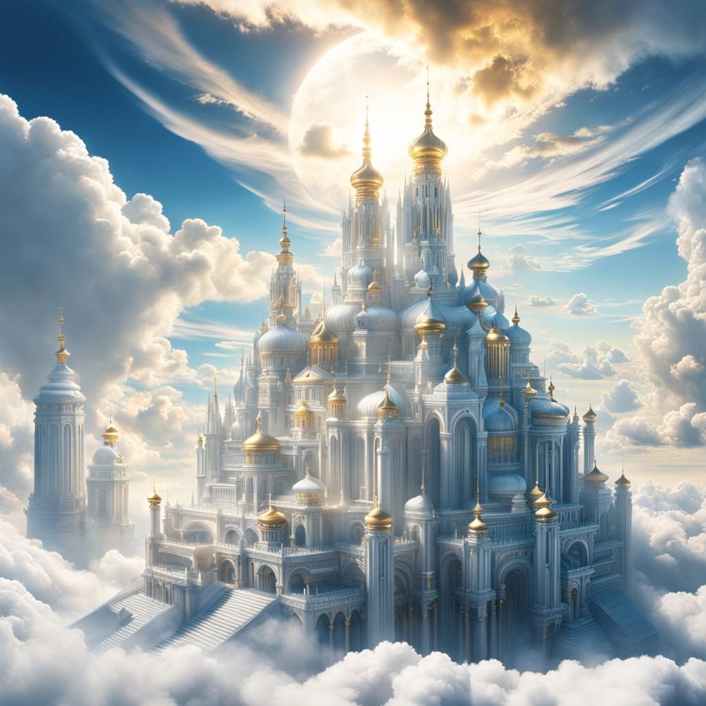 Heavenly White City with Golden Roofs in the Clouds