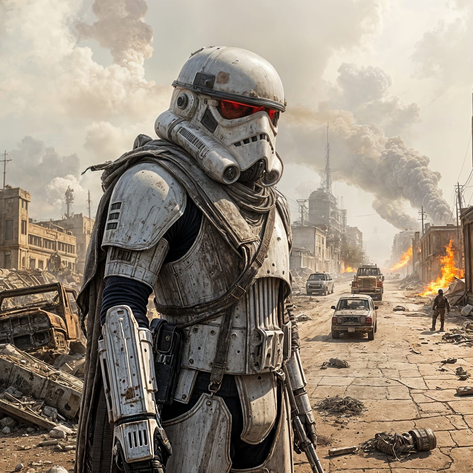 Cyberpunk Stormtrooper Amidst Post-Apocalyptic Ruins