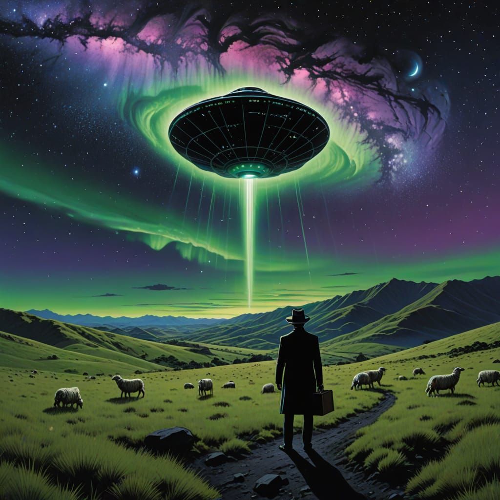 Men in Black Agent Under Aurora, Surreal Sci-Fi