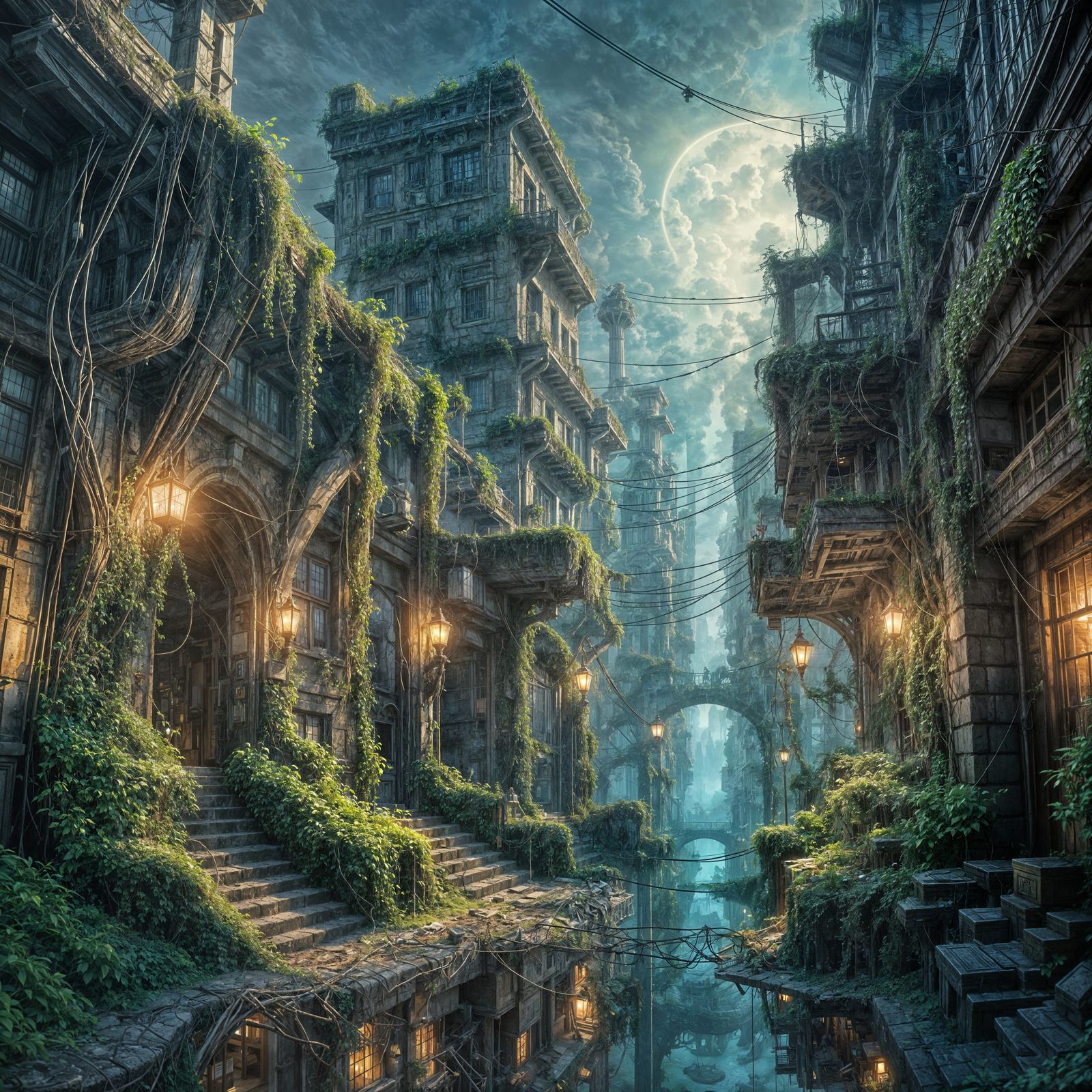 Cyberpunk Ancient World Overgrown with Vines and Tech