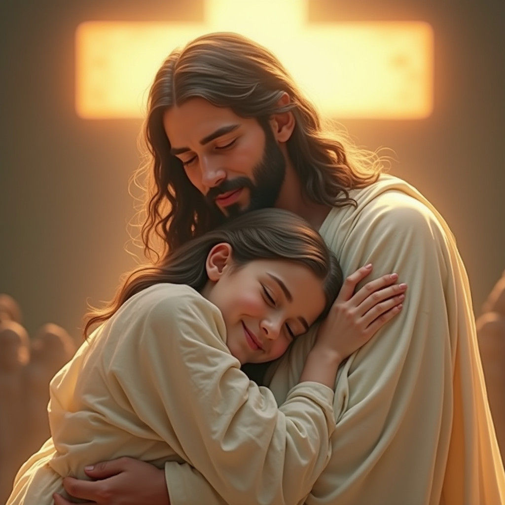 Jesus Christ Embracing a Girl with Luminous Halo