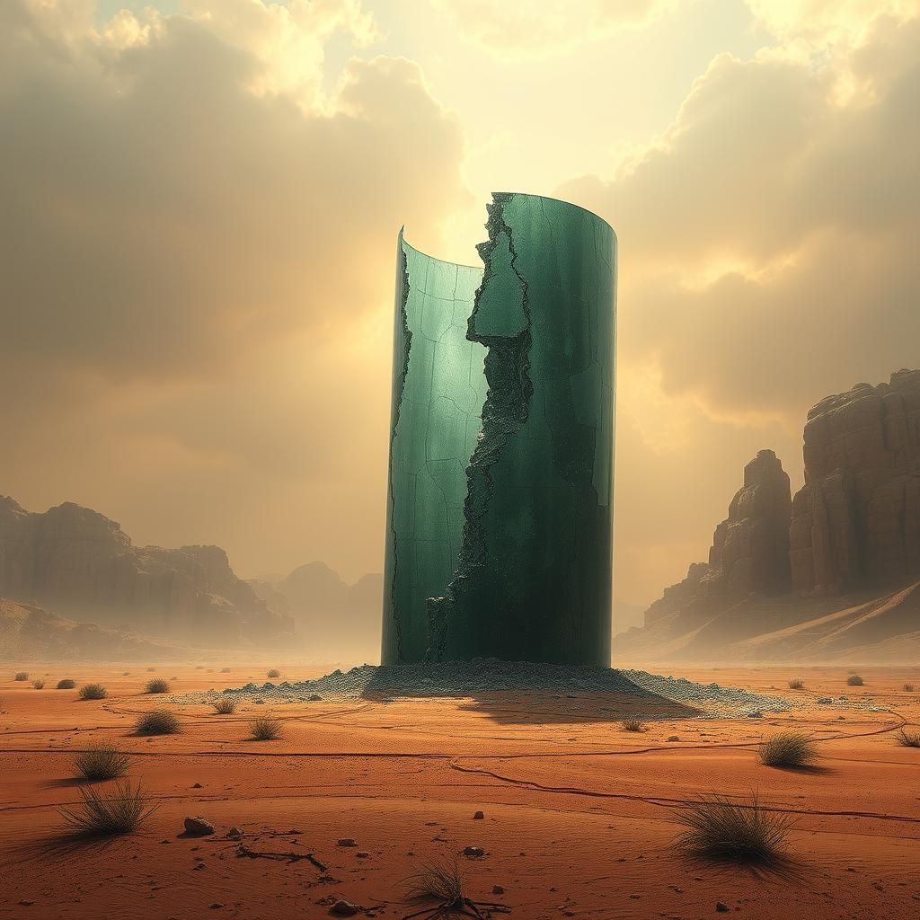 Epic Broken Glass Cylinder in Desert Landscape