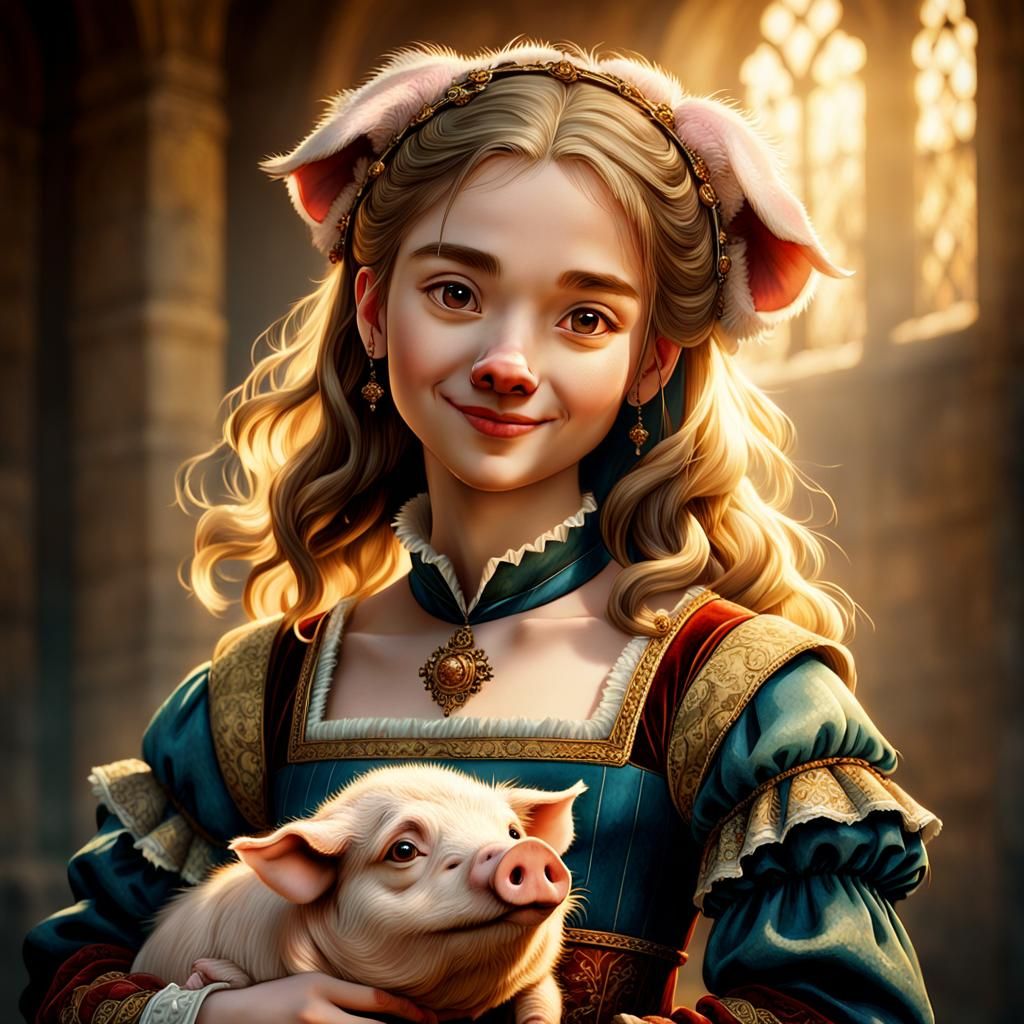 Renaissance Woman with Pig in Anime Style