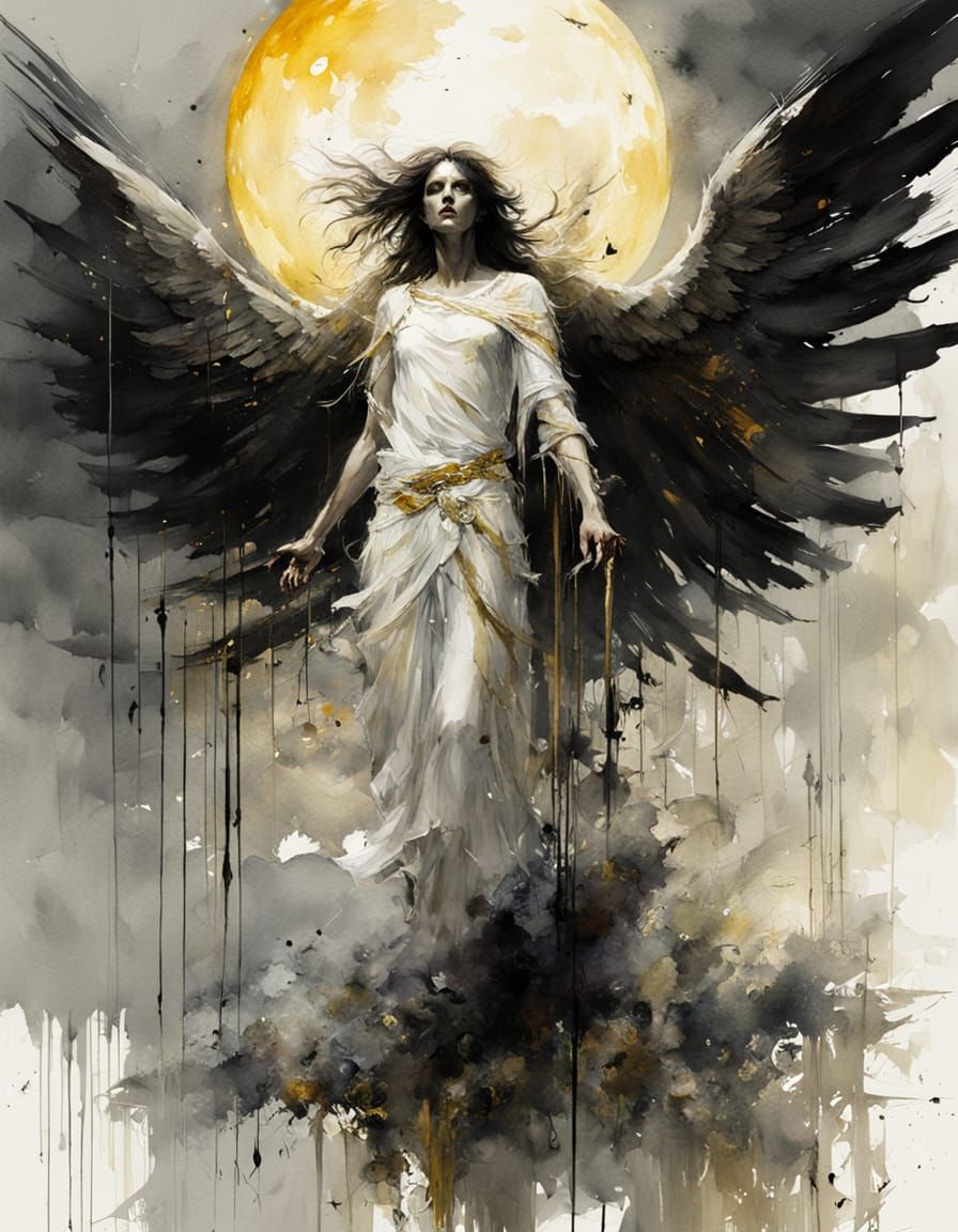 Surreal Watercolor Angel of Death Under Full Moon