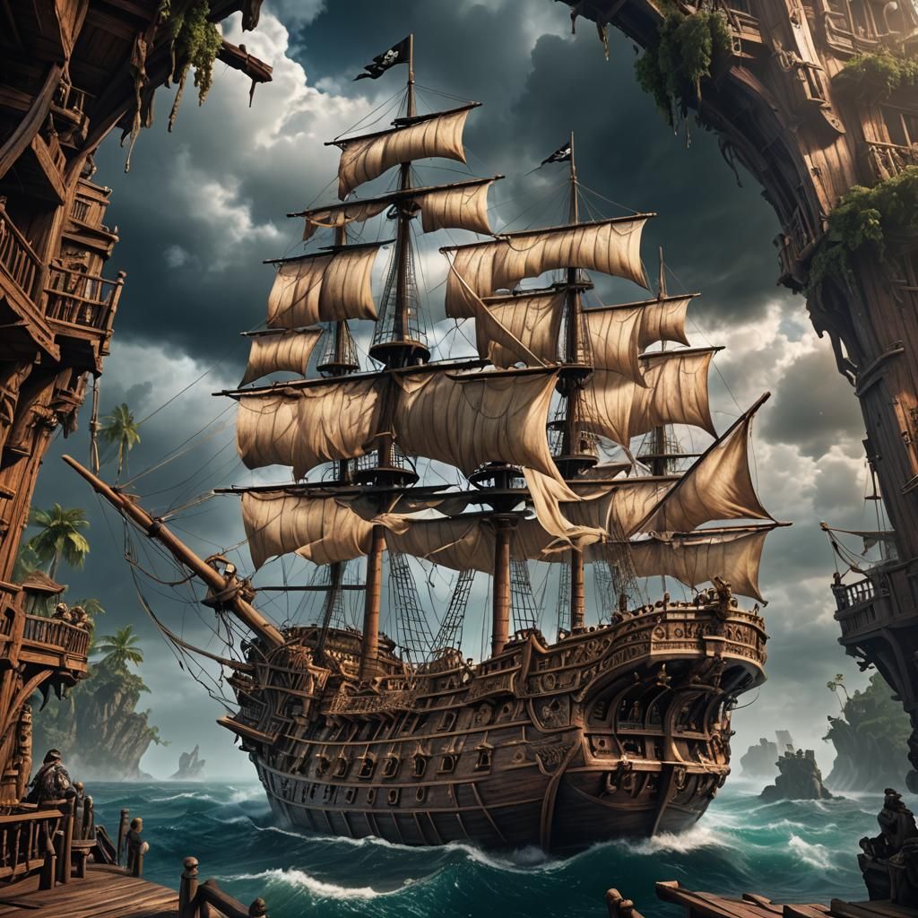 Detailed Wooden Pirate Ship in Digital Painting