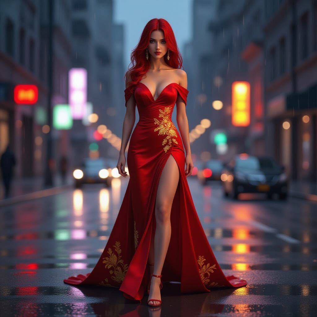 Red Gown Woman on Rainy City Street at Night