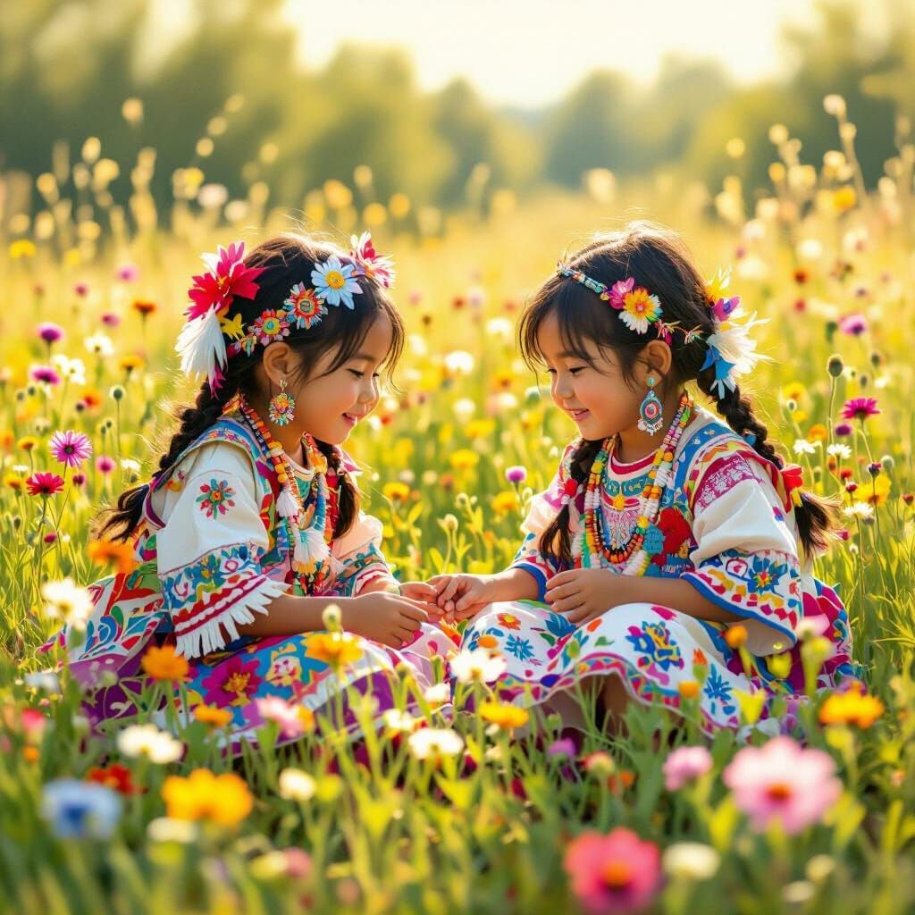 Indigenous Girls Playing in Wildflower Meadow
