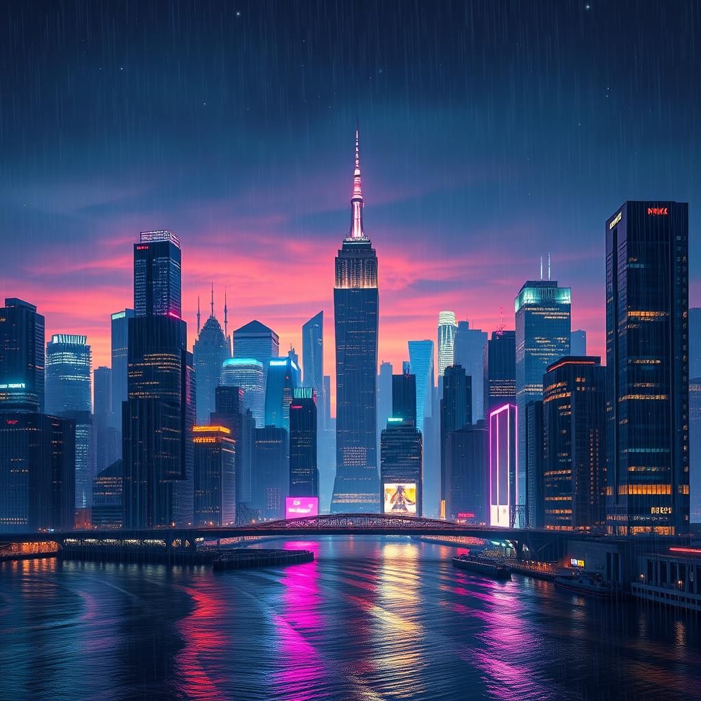 Futuristic Neon Skyscrapers Reflecting in River at Dusk