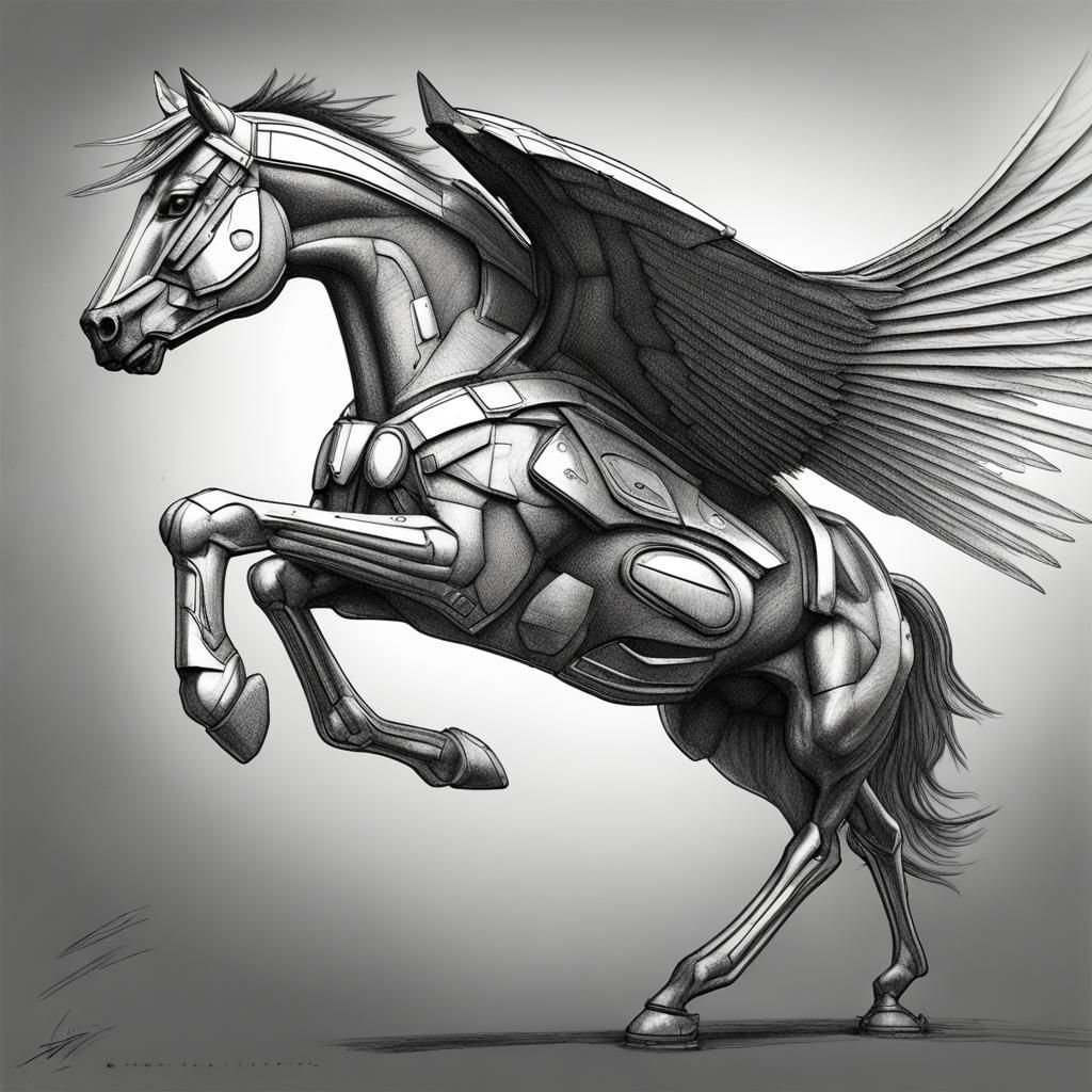 Futuristic Winged Stallion in Flight: Hyperrealistic Sketch