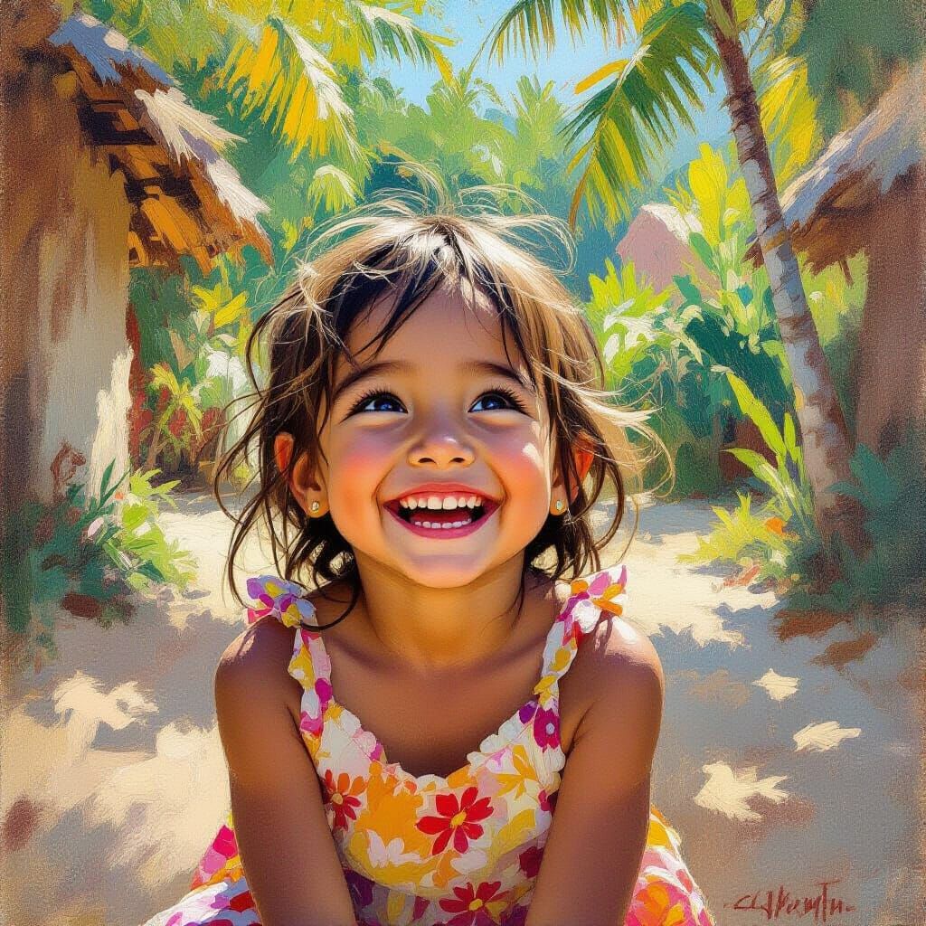Joyful Girl in Amazon Village, Impressionist Style