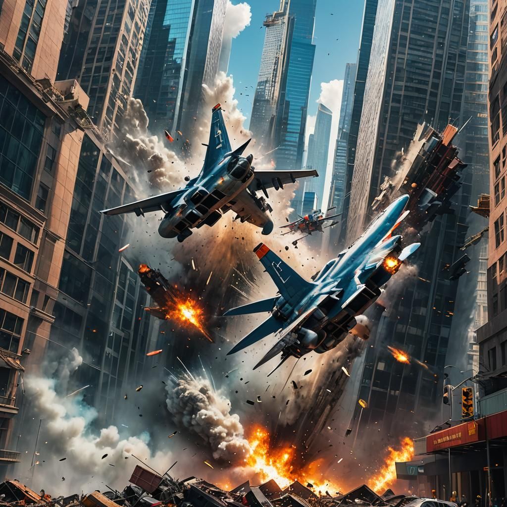 Hyperrealistic Plane Crash into Skyscrapers Splash Art