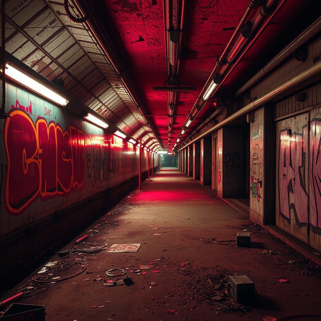 Cyberpunk Subway Station with Graffiti and Neon Lights