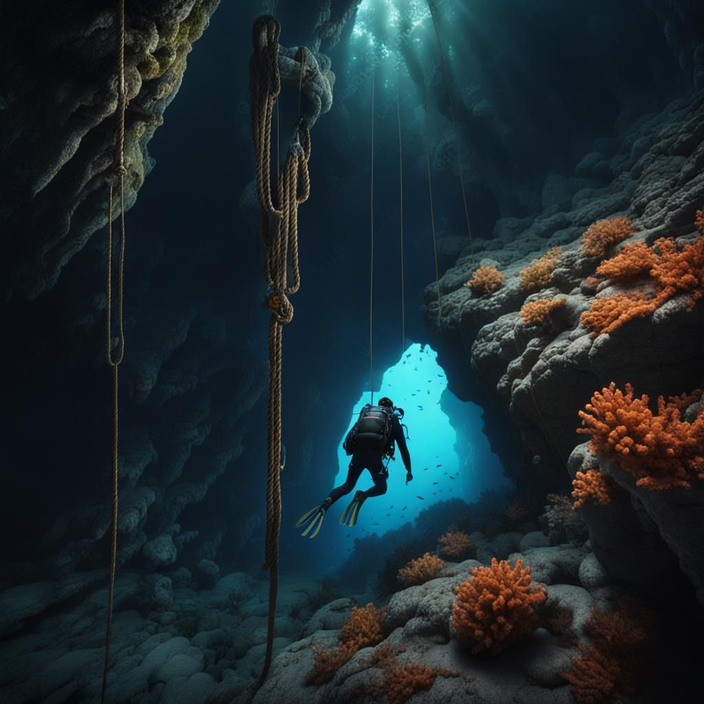 Scuba Diver Descends into Underwater Cave