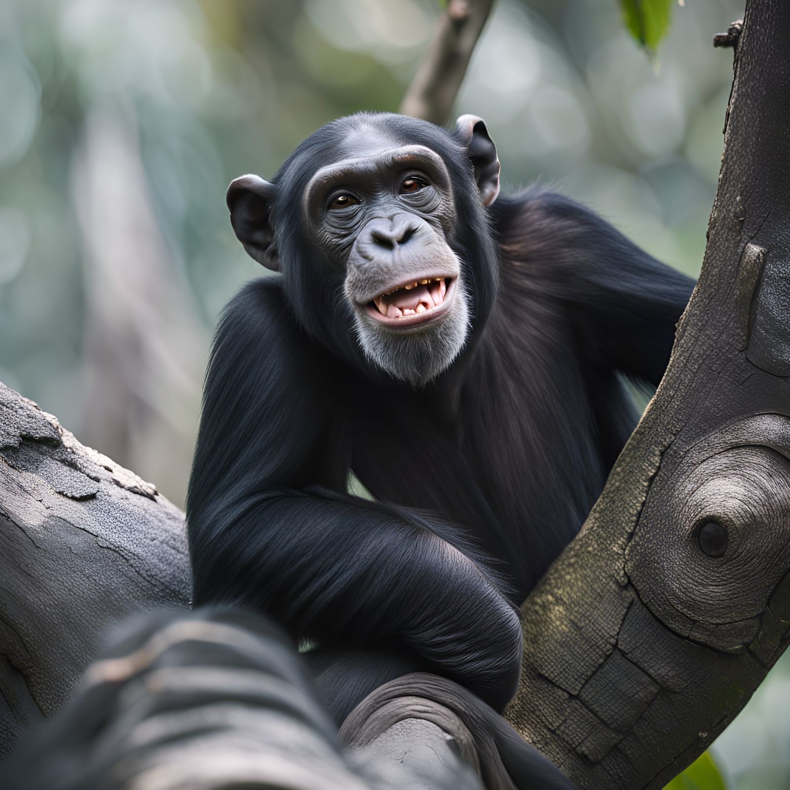 Chimpanzee Smiling in Jungle Tree, Natural Lighting