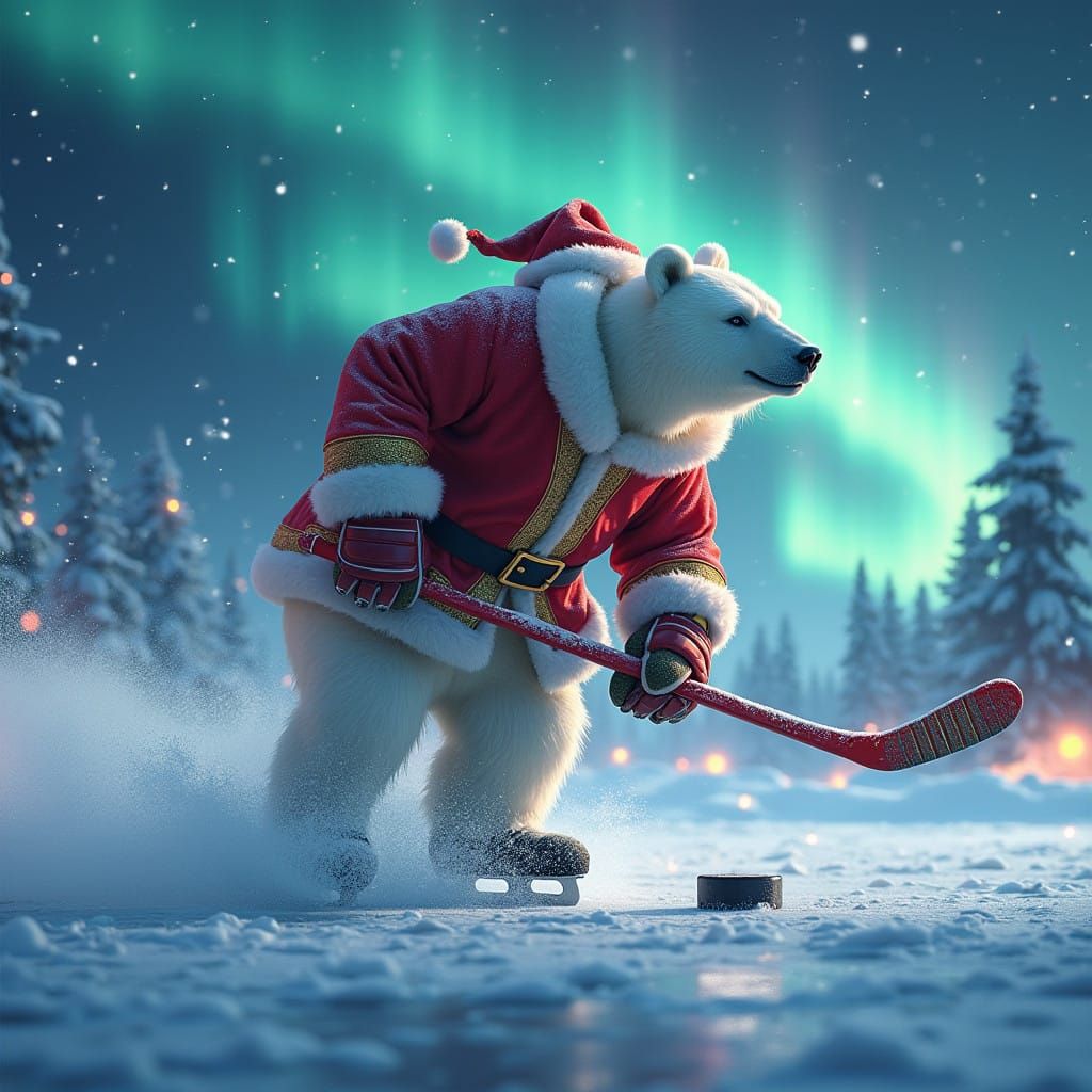 Majestic Polar Bear Santa Ice Hockey Scene