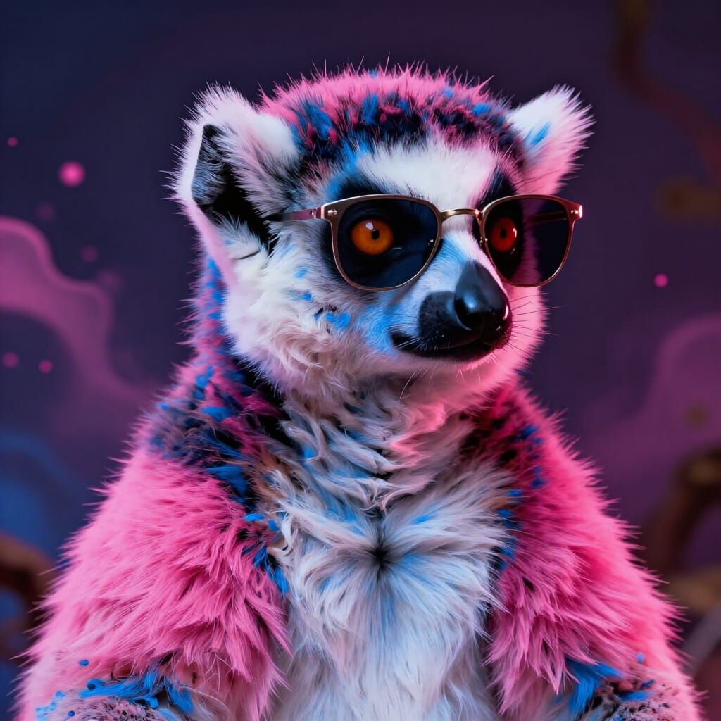 Lemur in Afro Wig and Sunglasses, Hyperrealistic Splash Art