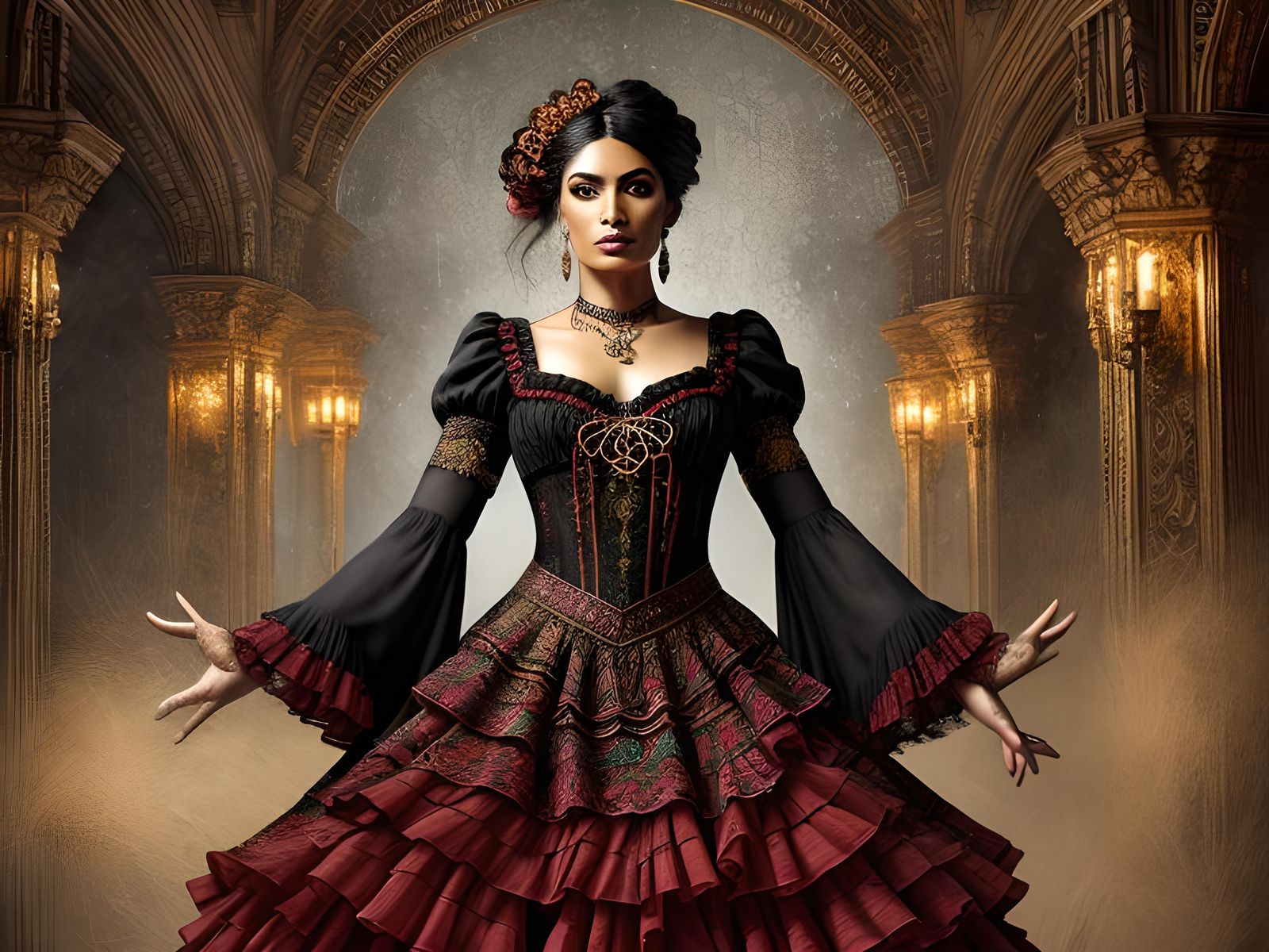 Flamenco Woman: Digital Watercolor with Filigree Details