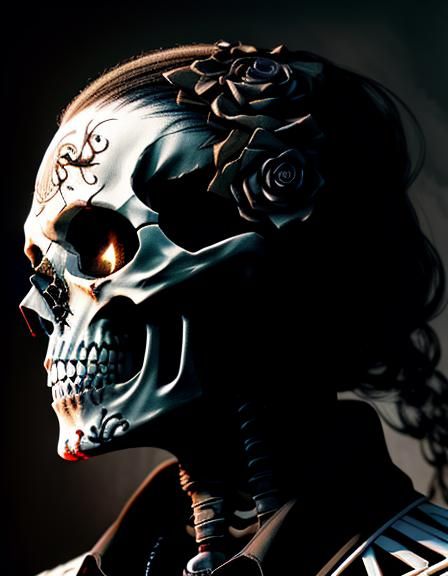 Photorealistic Blackened Skeleton Portrait with Blood Splatt...