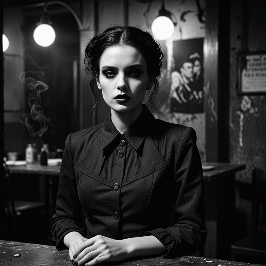 Fashion Model in Goth Coffee Shop, Black and White Photograp...