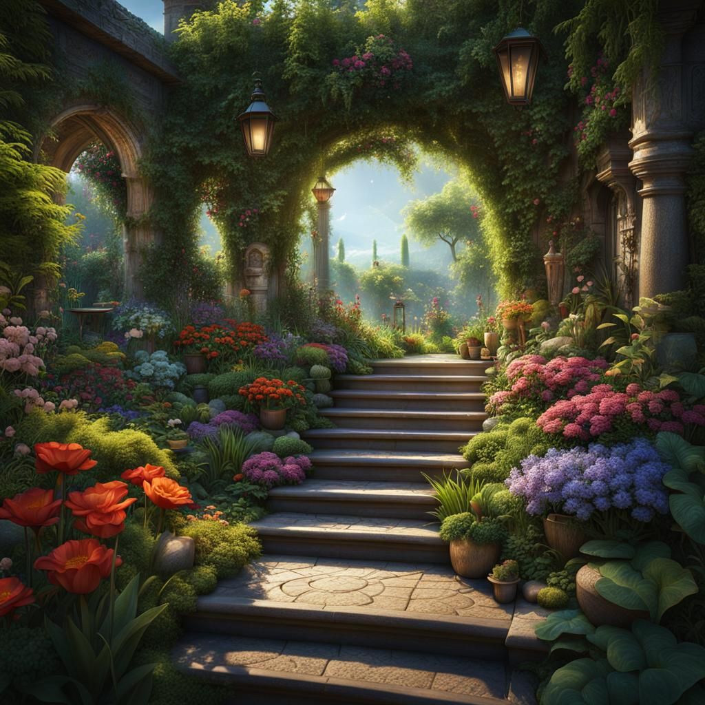 Enchanted Hidden Garden with Terrace in Fantasy Art