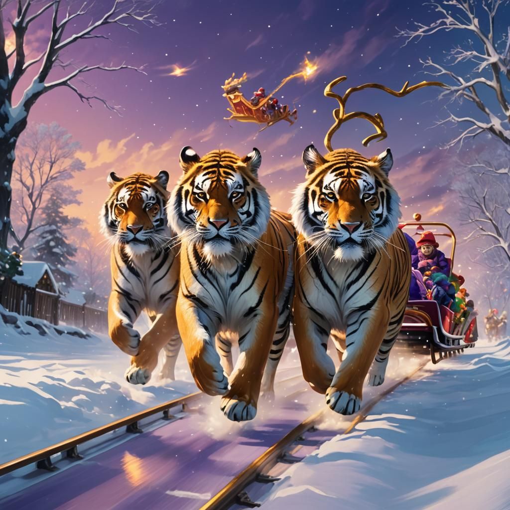 Santa's Sleigh Pulled by Tigers in Digital Art