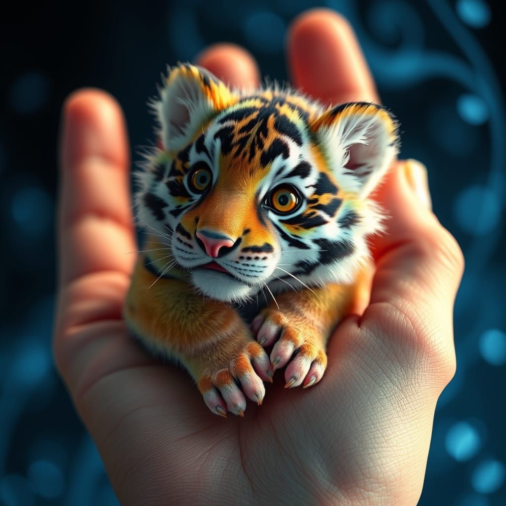 Whimsical Miniature Tiger Portrait in Hyper-Realistic Style