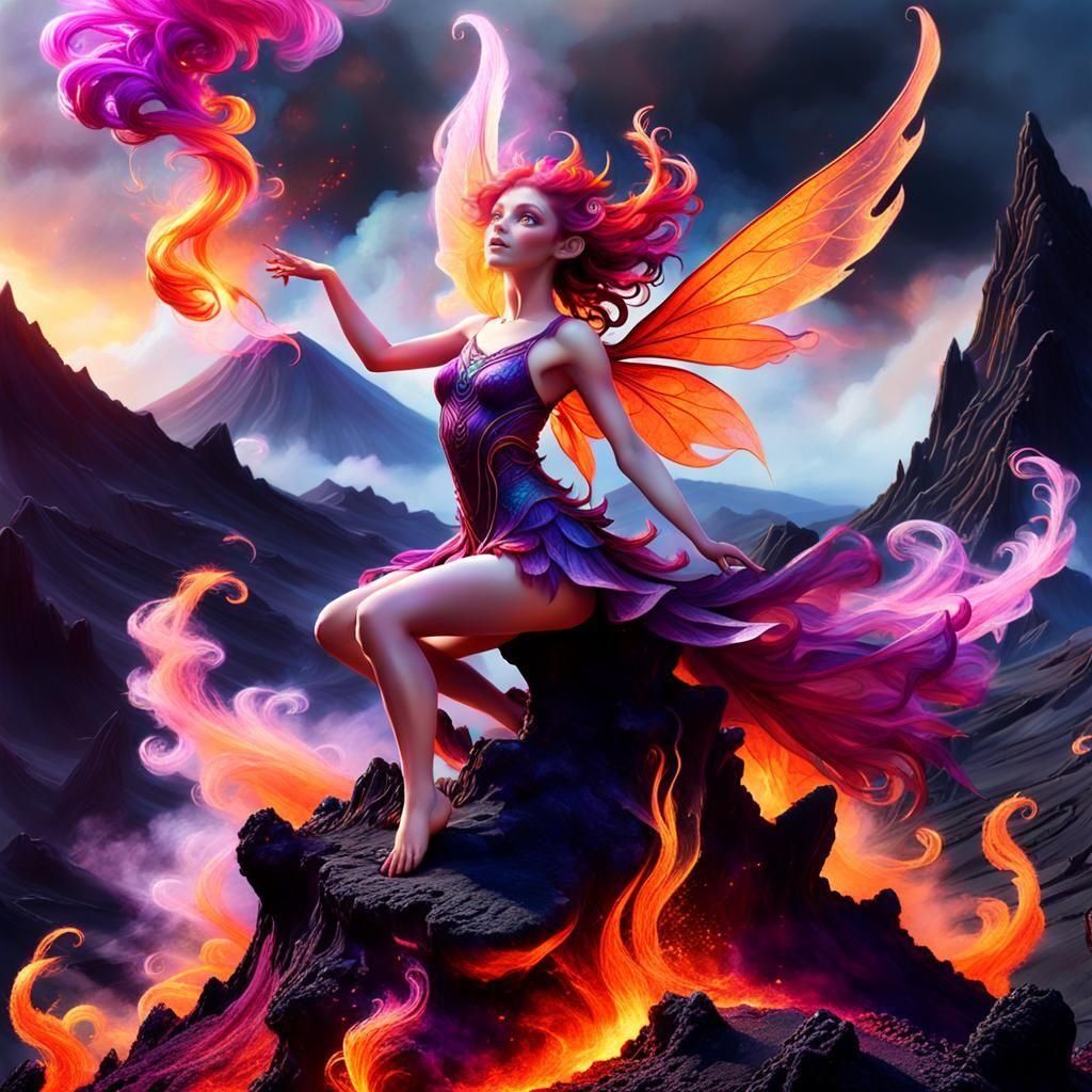 Volcanic Fairy with Fire Hair: Hyperrealistic Digital Art