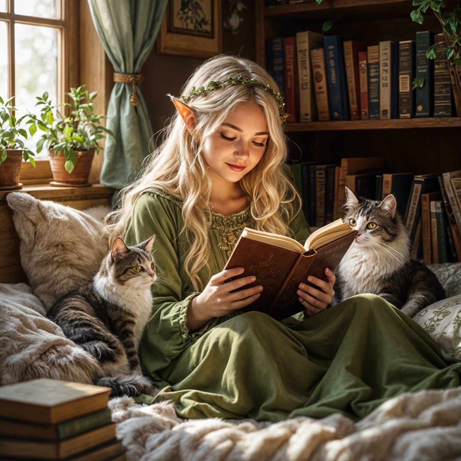 Elven girl cozily reading a book in her room with her cats s...