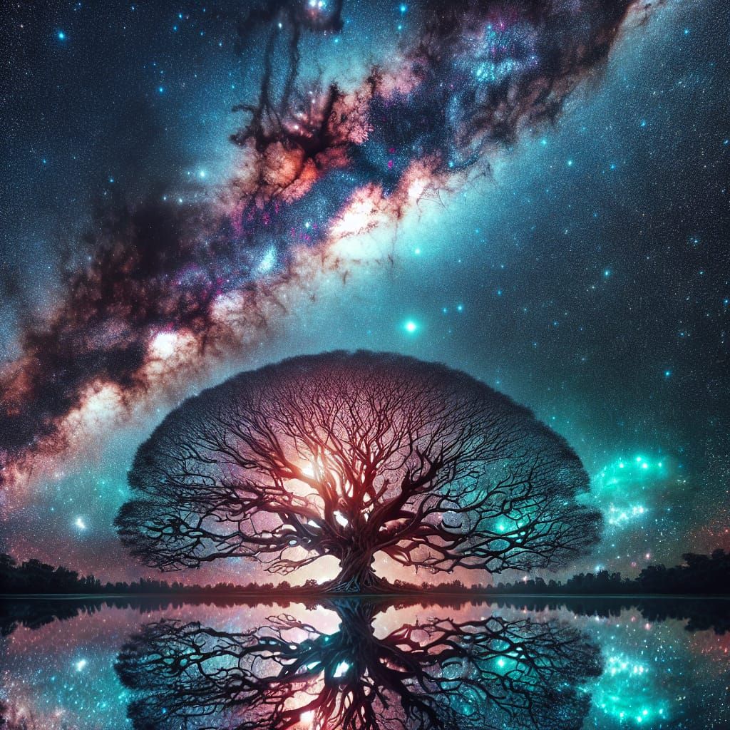 Milky Way Reflection on Lake with World Tree