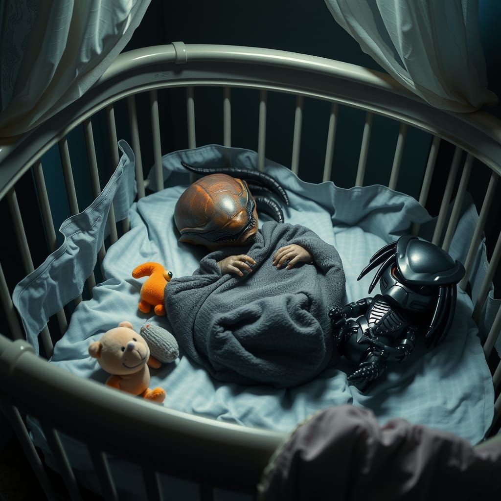 A young Xenomorph from Alien, sleeping in a crib with a cudd...