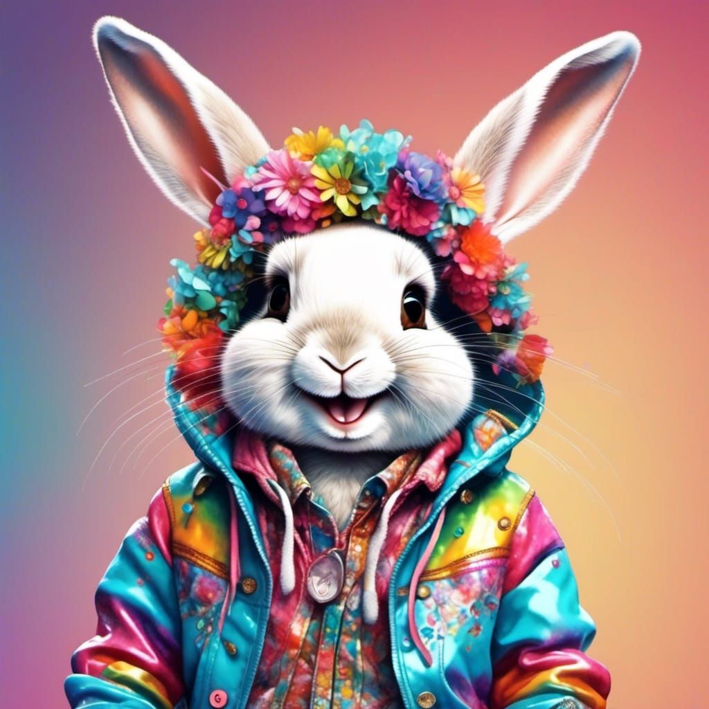 Smiling Rabbit in Colorful Clothes