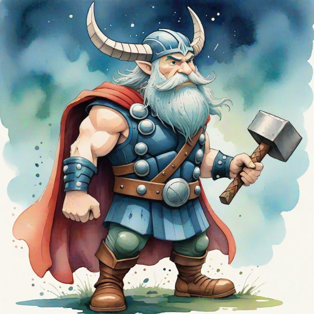Thor with Hammer in Shel Silverstein Style