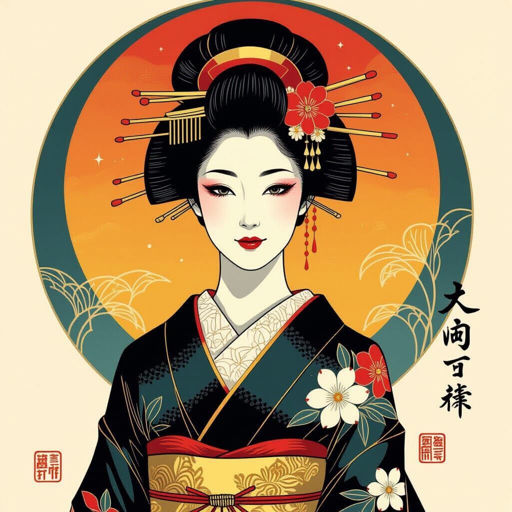 Japanese Ink Painting in Art Deco Style