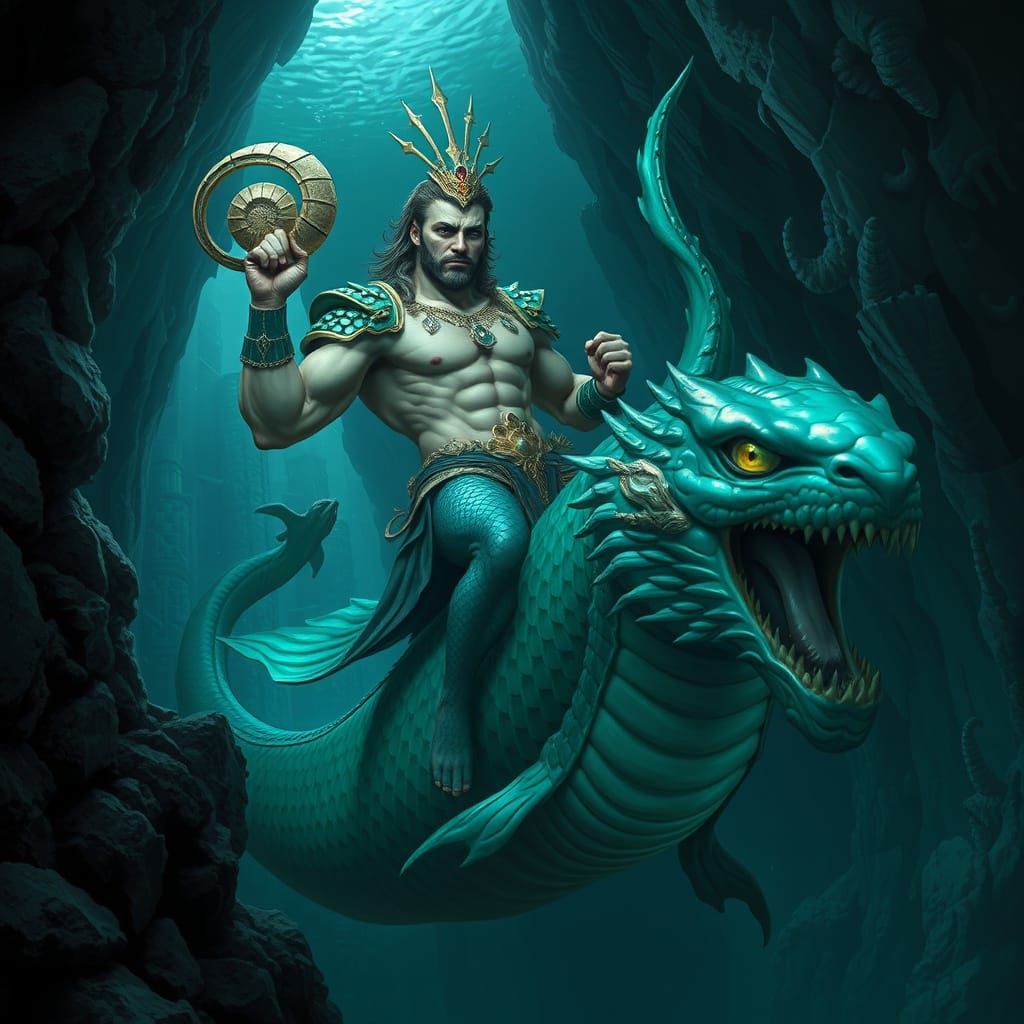 Merman Prince Rides Sea Serpent in Dark Fantasy