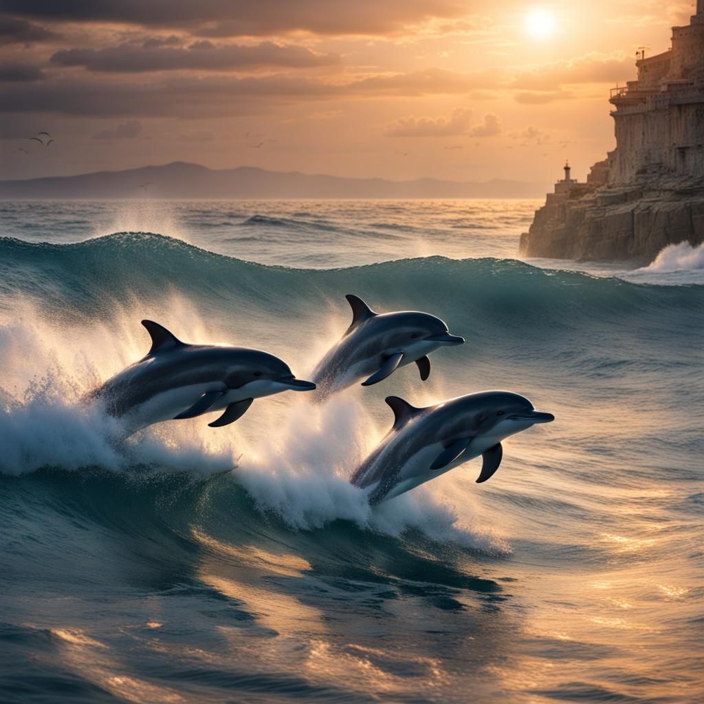 Dolphins in Black Sea at Sunset: Artgerm Style