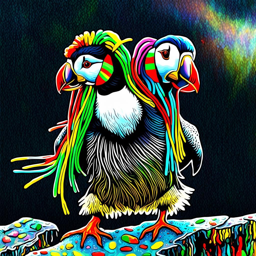 Psychedelic Two-Headed Puffin with Dreadlocks