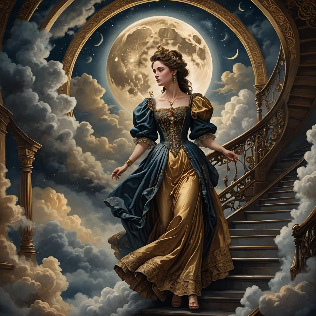 Woman Ascends Cloud Staircase to Moon: Fantasy Illustration