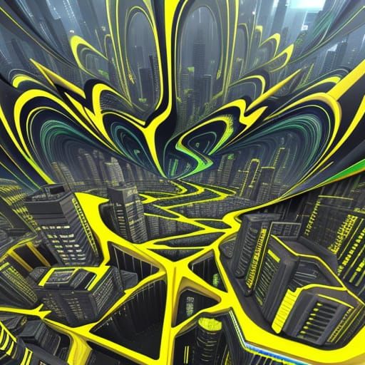 Neon Cityscape with Warped Lightning in Glitch Art