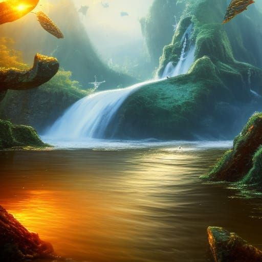 Fish Swimming Upstream in Waterfall: Fantasy Concept Art