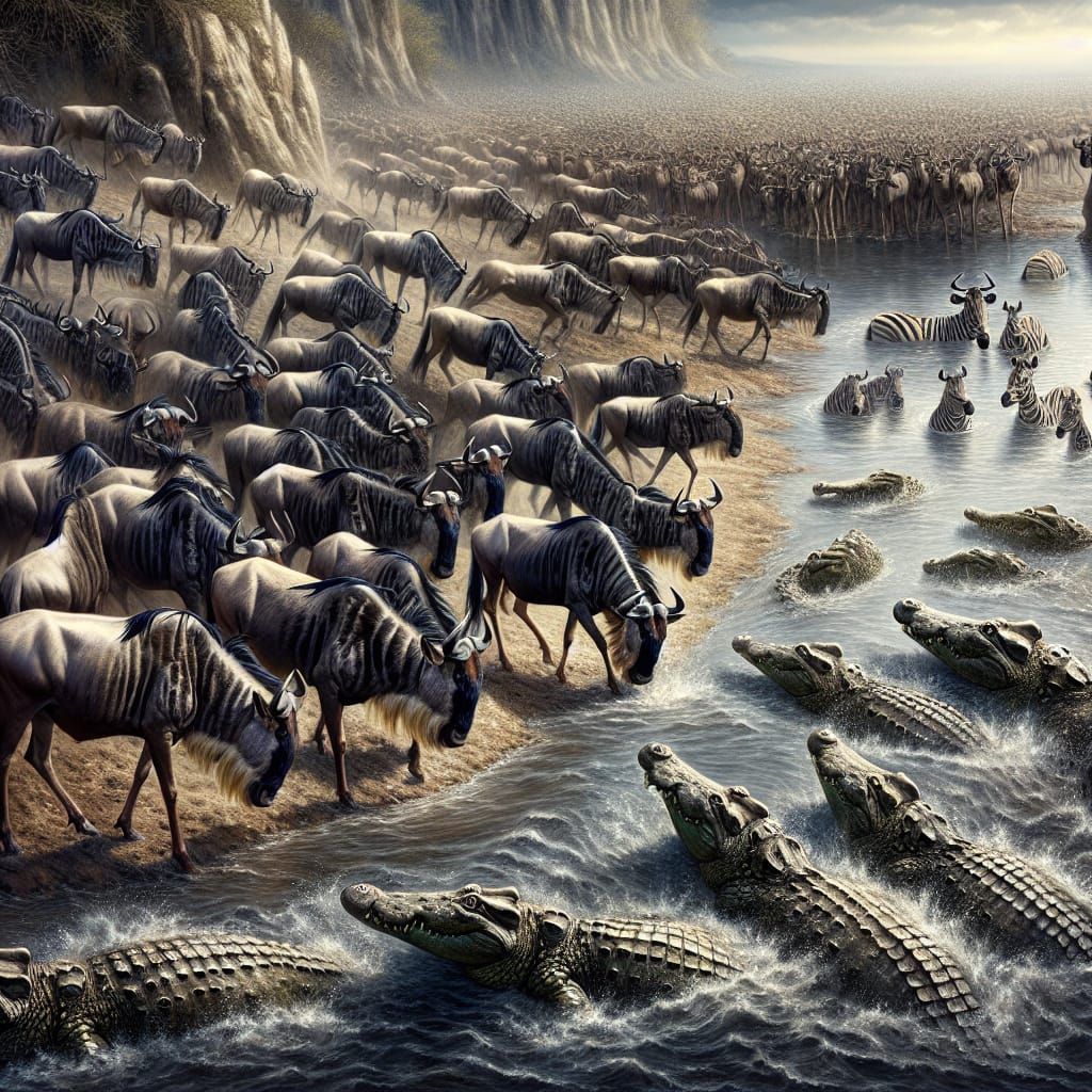 Wildebeest and Zebra River Crossing: Matte Painting