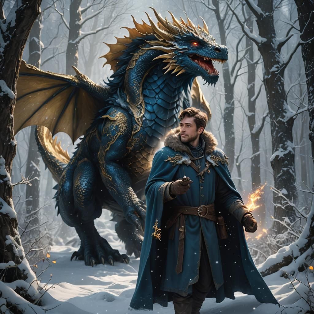 Man Holds Dragon in Snowy Forest: Matte Painting