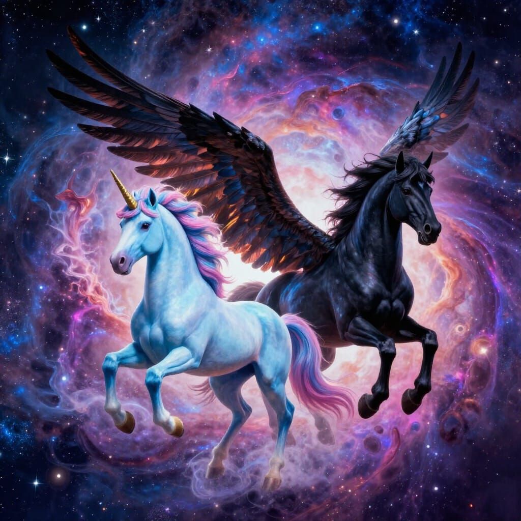 Unicorn and Pegasus Gallop Through Cosmic Nebula in Digital ...