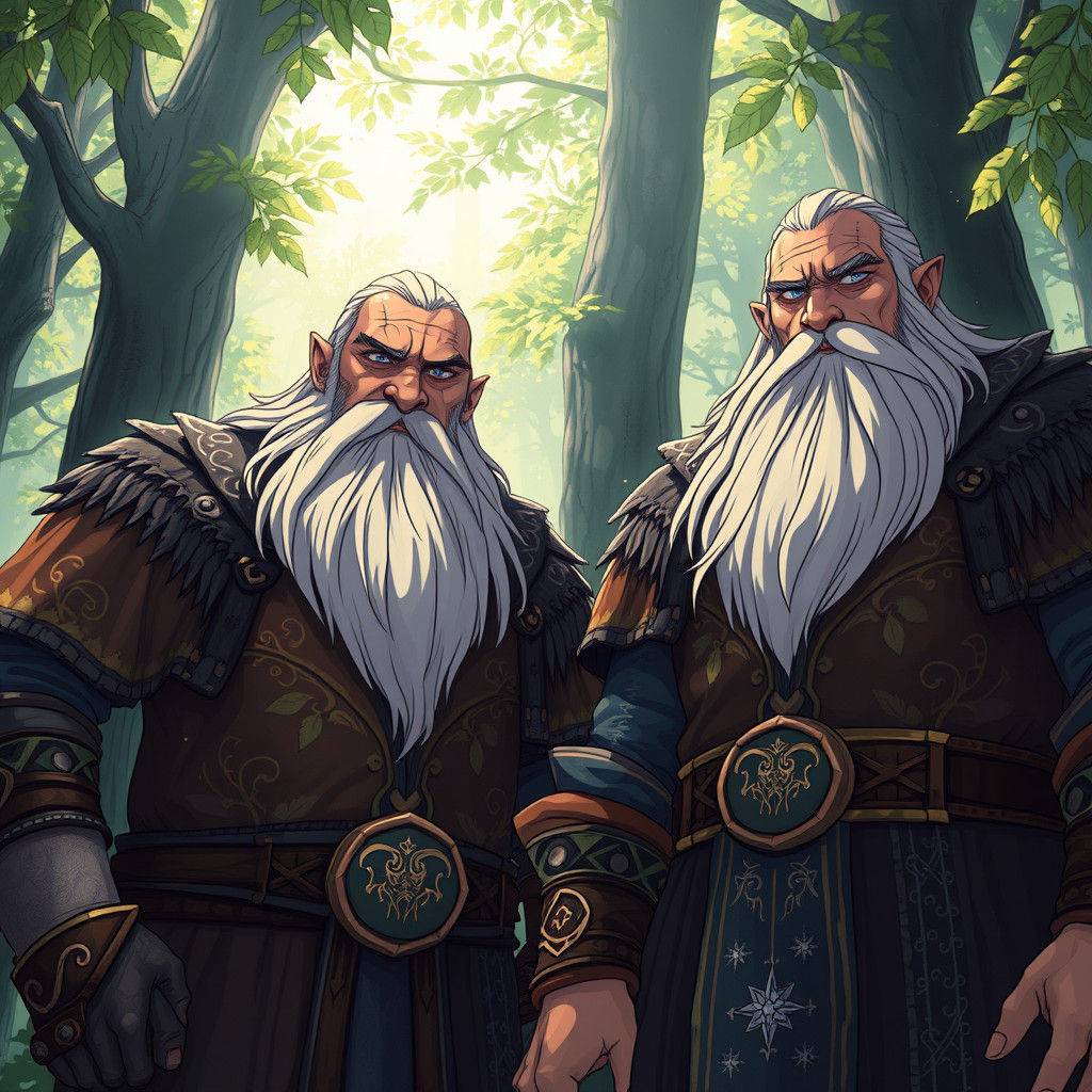 Mystical Dwarves in Elven Attire Stand Guard in Vibrant Fore...