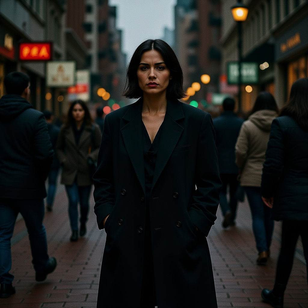 Lone Figure in Blurred City Crowd, Cinematic 35mm Film Style