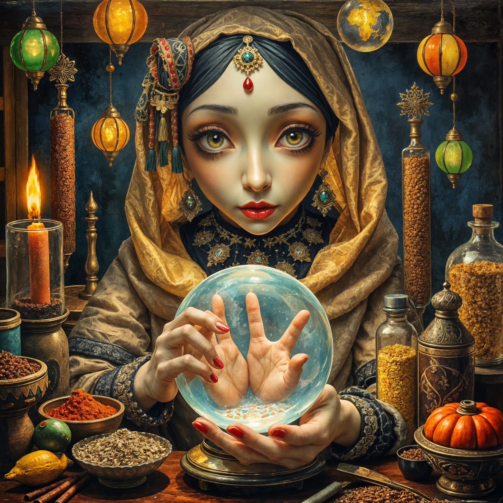 Fortune Teller's Visions in a Bustling Marketplace
