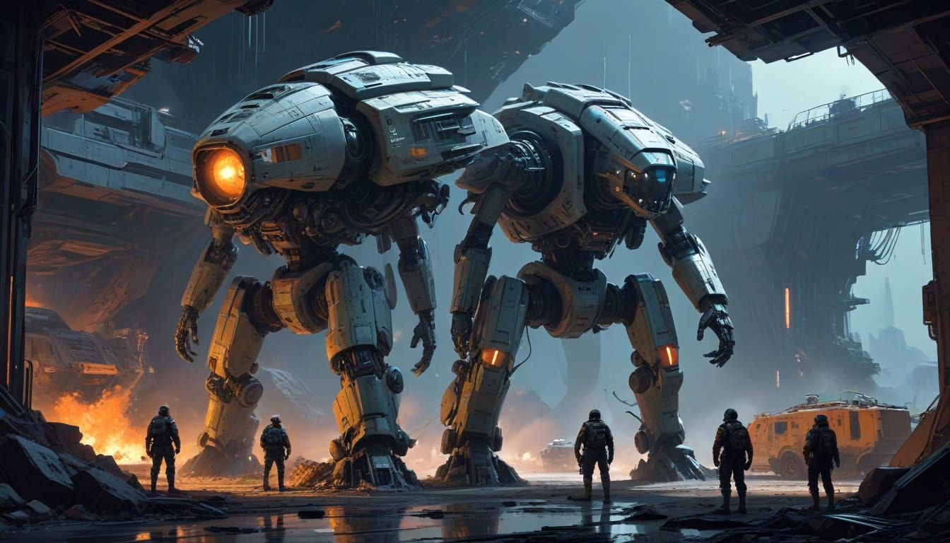 Elite Space Marines Stand Vigilant Amidst Bustling Spaceport